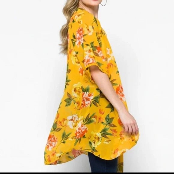 EMORY PARK Stitch Fix Landry Crochet Trim Open Kimono Yellow Floral Size Med New - Picture 2 of 9